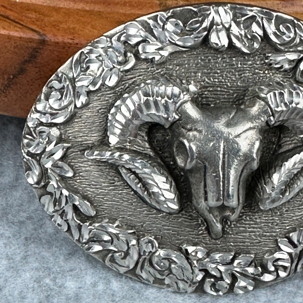 Vtg 1993 Bergamot Brass Works Ram Skull Belt Buckle Silver Made in USA 93
